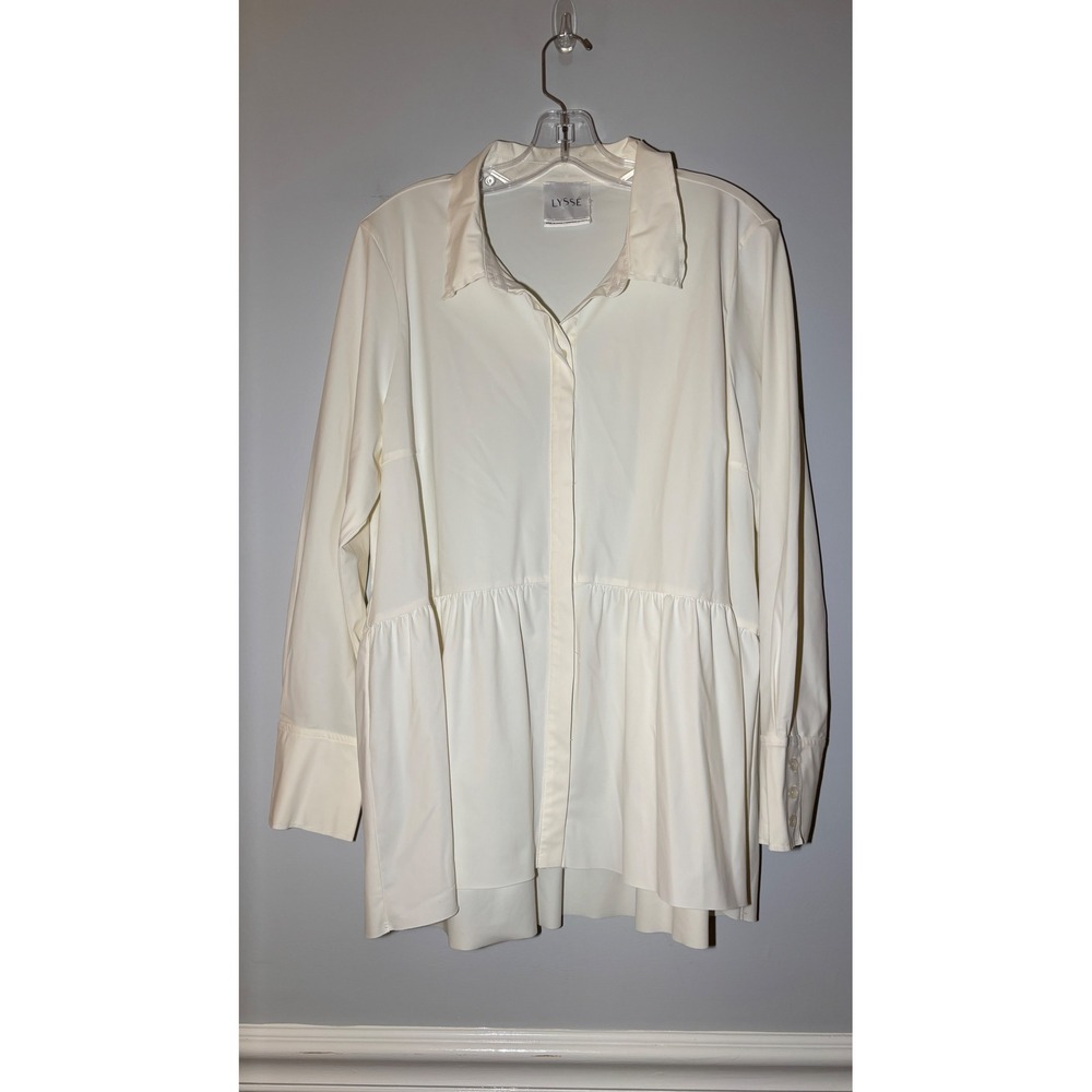 Lysse Schiffer Peplum Button Down Shirt Women XL Off White Long Sleeve Stretch